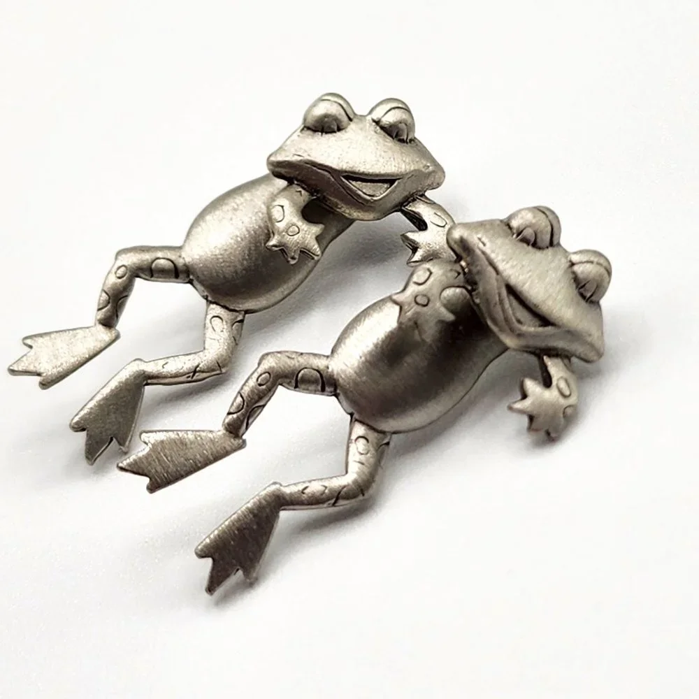 Vintage J.J. Jonette Jewelry Pewter 3D Frog Toad Two Piece Pierced Earrings